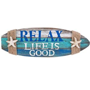 beachcombers relax life is good surfboard shape coastal plaque wall sign with starfish wall hanging decor decoration for the beach blue