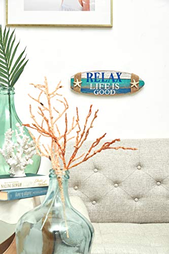 Beachcombers Relax Life is Good Surfboard Shape Coastal Plaque Wall Sign with Starfish Wall Hanging Decor Decoration for The Beach Blue