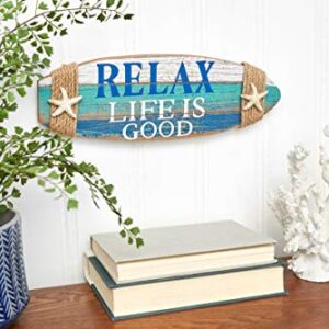 Beachcombers Relax Life is Good Surfboard Shape Coastal Plaque Wall Sign with Starfish Wall Hanging Decor Decoration for The Beach Blue