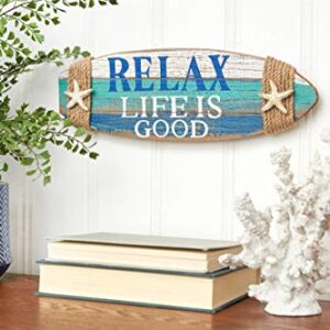 Beachcombers Relax Life is Good Surfboard Shape Coastal Plaque Wall Sign with Starfish Wall Hanging Decor Decoration for The Beach Blue