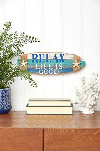 Beachcombers Relax Life is Good Surfboard Shape Coastal Plaque Wall Sign with Starfish Wall Hanging Decor Decoration for The Beach Blue