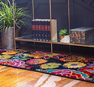 Unique Loom Lyon Collection Colorful Modern Floral Garden Area Rug, 2 x 6 ft, Black/Yellow