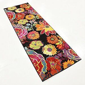 Unique Loom Lyon Collection Colorful Modern Floral Garden Area Rug, 2 x 6 ft, Black/Yellow