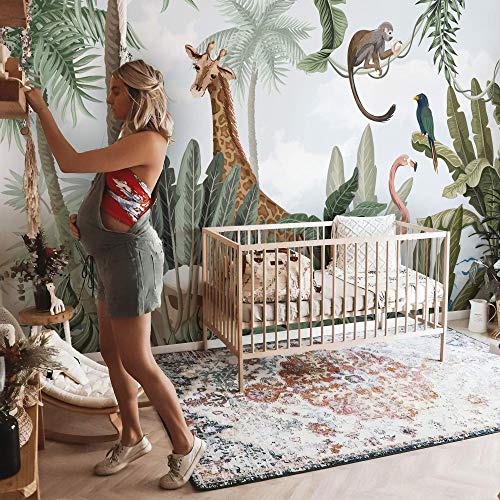 Murwall Kids Wallpaper Safari Animals Wall Mural Pink Flamingo and Cute Giraffe Wall Print for Childroom Forest Wall Art Kidsroom