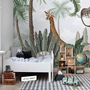 Murwall Kids Wallpaper Safari Animals Wall Mural Pink Flamingo and Cute Giraffe Wall Print for Childroom Forest Wall Art Kidsroom