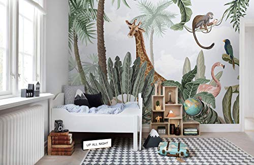 Murwall Kids Wallpaper Safari Animals Wall Mural Pink Flamingo and Cute Giraffe Wall Print for Childroom Forest Wall Art Kidsroom