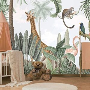 Murwall Kids Wallpaper Safari Animals Wall Mural Pink Flamingo and Cute Giraffe Wall Print for Childroom Forest Wall Art Kidsroom