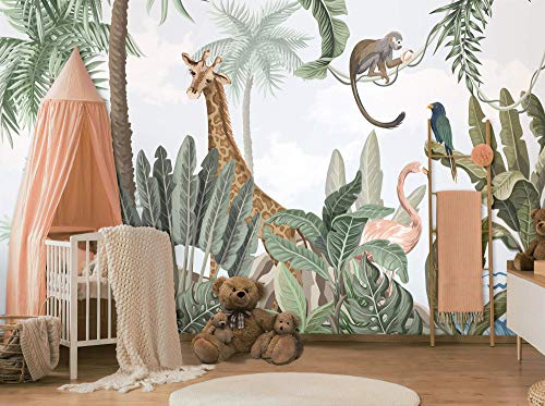 Murwall Kids Wallpaper Safari Animals Wall Mural Pink Flamingo and Cute Giraffe Wall Print for Childroom Forest Wall Art Kidsroom