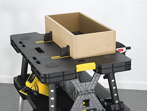 Keter - 197283 Folding Table Work Bench for Miter Saw Stand, Woodworking Tools and Accessories with Included 12 Inch Wood Clamps – Easy Garage Storage Black/Yellow
