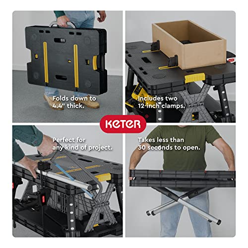 Keter - 197283 Folding Table Work Bench for Miter Saw Stand, Woodworking Tools and Accessories with Included 12 Inch Wood Clamps – Easy Garage Storage Black/Yellow