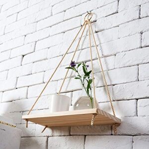 TOPINCN Wood Wall Floating Shelf Hanging Swing Rope Shelves Garden Flower Pot Rack Wall Display Shelves Home Organizer Decor Shelves (Burlywood)