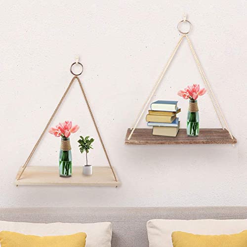 TOPINCN Wood Wall Floating Shelf Hanging Swing Rope Shelves Garden Flower Pot Rack Wall Display Shelves Home Organizer Decor Shelves (Burlywood)