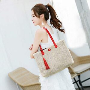 QTKJ Women Straw Summer Beach Bag Handwoven Big Tote Leather Shoulder Handbag with Tassel Decorate (Red)