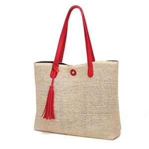 QTKJ Women Straw Summer Beach Bag Handwoven Big Tote Leather Shoulder Handbag with Tassel Decorate (Red)