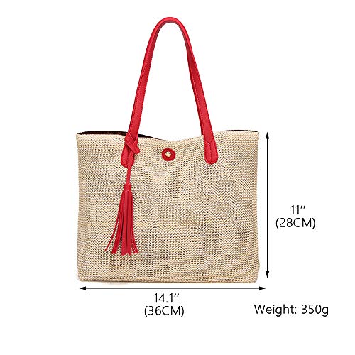 QTKJ Women Straw Summer Beach Bag Handwoven Big Tote Leather Shoulder Handbag with Tassel Decorate (Red)