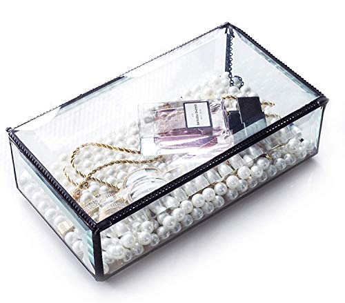 Clear Beveled Glass Jewelry Keepsake Box, Home Decor Vintage Glass Jewelry Display Organizer, Decorative Accent, Black - 8.3"x 4.7"x 2.75"