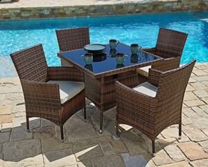 suncrown 5 piece outdoor dining set all-weather wicker patio dining table and chairs with cushions, square tempered glass tabletop with umbrella cutout for patio backyard porch garden poolside