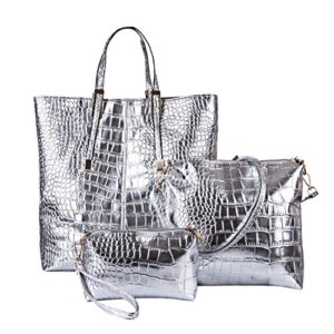 women stylish 3 piece bag set,bbdi alligator pattern lash package pu leather shoulder tote purse bag – silver