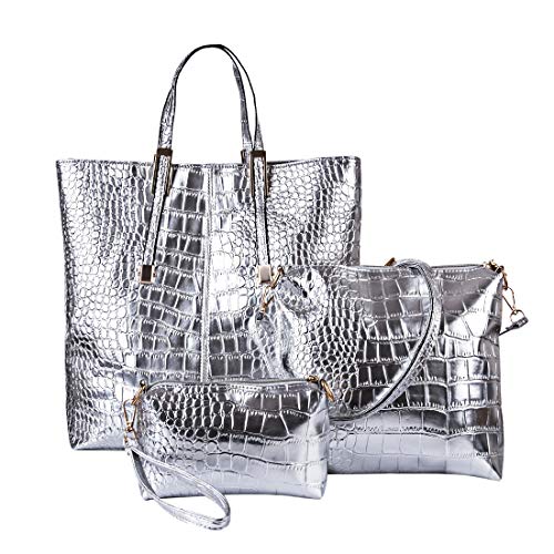 Women Stylish 3 Piece Bag Set,BBDI Alligator Pattern Lash Package PU Leather Shoulder Tote Purse Bag - Silver