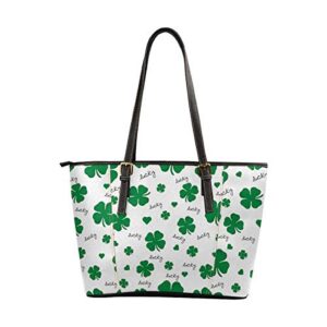 interestprint luck leaf pattern for saint patrick’s day tote bag women’s pu leather handbag ladies shoulder bag