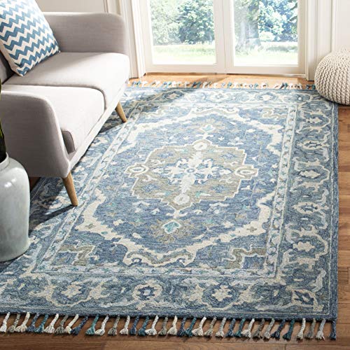 SAFAVIEH Aspen Collection 3' x 5' Dark Blue/Grey APN230A Handmade Boho Braided Tassel Wool Area Rug