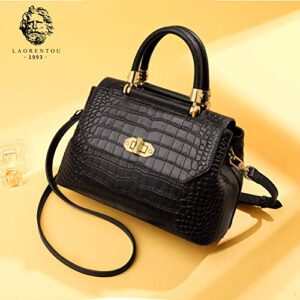LAORENTOU Genuine Leather Handbags Purse for Women Small Top-handle Bags for Women, Ladies Satchel Shoulder Bags (Black)