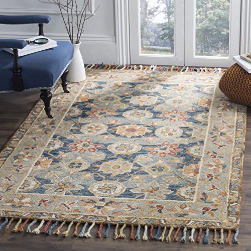 SAFAVIEH Aspen Collection 7' Square Grey / Navy APN110A Handmade Boho Braided Tassel Wool Area Rug