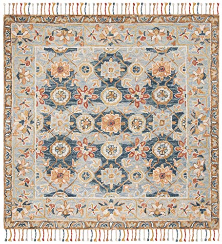 SAFAVIEH Aspen Collection 7' Square Grey / Navy APN110A Handmade Boho Braided Tassel Wool Area Rug