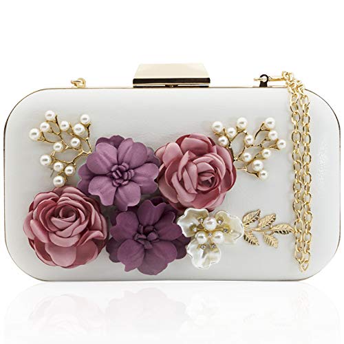 Women Clutches Purses Bags Flower Envelope Beaded Prom Wedding Evening Handbag (White) …