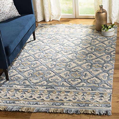 SAFAVIEH Blossom Collection 5' x 8' Light Beige/Blue BLM420A Handmade Fringe Premium Wool Area Rug