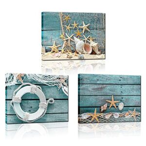 biuteawal- 3 piece canvas wall art starfish shell on teal board painting prints beach nature picture canvas artwork for home kitchen bathroom living room wall decor ready to hang