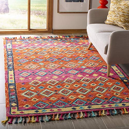 SAFAVIEH Aspen Collection 2' x 3' Orange / Fuchsia APN138A Handmade Boho Braided Tassel Wool Accent Rug