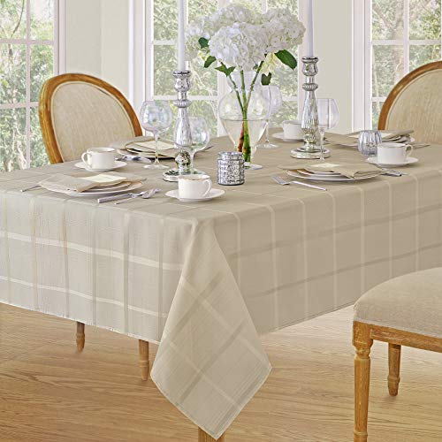 Elegance Plaid Contemporary Woven Solid Decorative Tablecloth by Newbridge, Polyester, No Iron, Soil Resistant Holiday Tablecloth, 52 X 70 Oblong, Beige