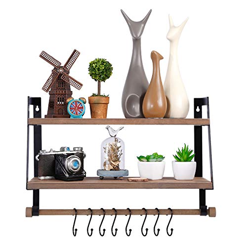 Halcent Wall Shelves Wood Storage Shelves with Towel Bar, Floating Shelves Rustic 2 Tier Bathroom Shelf Kitchen Spice Rack with Hooks for Bathroom Kitchen Utensils