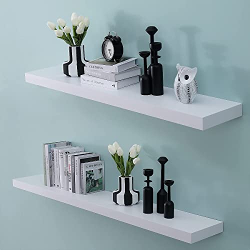 WELLAND 48 inch White Mission Floating Shelves for Wall, Bathroom Wall Mount Shelves, Wood Modern Display Shelves, Book Shelves,for Bedroom,Living Room and Kitchen