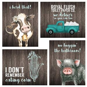 I Herd That! - Funny Farmhouse Bathroom Themed Decor Art Farm Rustic Wood Style Wall Prints Set Cow Pig Poster Signs Typography Cute Rules Toilet Paper Truck