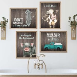 I Herd That! - Funny Farmhouse Bathroom Themed Decor Art Farm Rustic Wood Style Wall Prints Set Cow Pig Poster Signs Typography Cute Rules Toilet Paper Truck