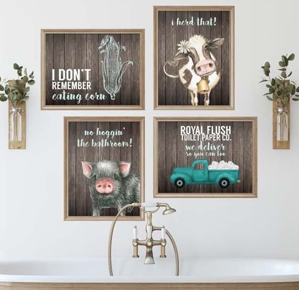 I Herd That! - Funny Farmhouse Bathroom Themed Decor Art Farm Rustic Wood Style Wall Prints Set Cow Pig Poster Signs Typography Cute Rules Toilet Paper Truck