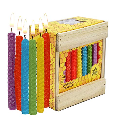 Honeycomb Chanukah Beeswax Candles - Standard Size Candle Fits Most Menorahs - Premium Quality Pure Bees Wax - Colorful Assortment - 45 Count for All 8 Nights of Hanukkah