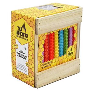 Honeycomb Chanukah Beeswax Candles - Standard Size Candle Fits Most Menorahs - Premium Quality Pure Bees Wax - Colorful Assortment - 45 Count for All 8 Nights of Hanukkah