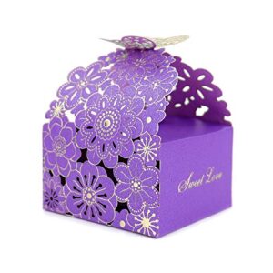 Kslong 50Pcs/Set Flower Butterfly Hollow Candy Box Cookie Gift Boxes Butterfly Party Decoration Wedding Favors Cute Chocolate Box for Wedding Bridal Birthday Party Supplies (Purple, S)