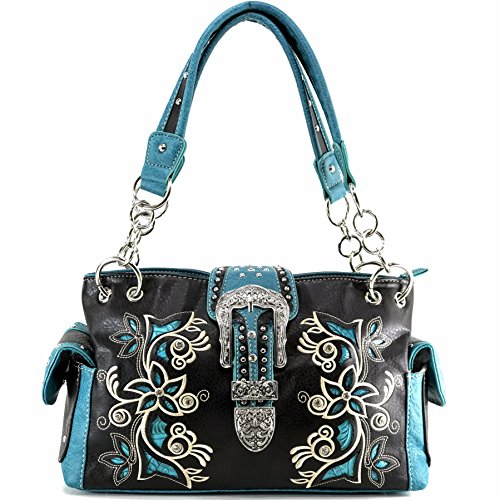 Justin West Embroidery Floral Rhinestone Silver Cross Laser Cut Tooled Leather Western Shoulder Concealed Carry Handbag Purse Messenger Bag Tote Wallet (Dark Brown Turquoise Handbag)