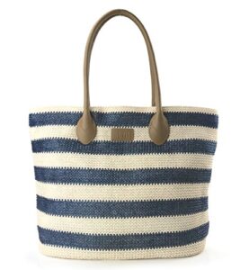 striped synthetic straw womens tote light weight vaction shoulder handbag (navy)