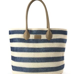 Striped Synthetic Straw Womens Tote Light Weight Vaction Shoulder Handbag (Navy)