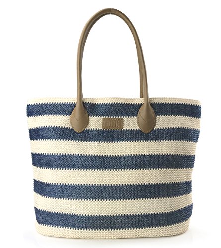 Striped Synthetic Straw Womens Tote Light Weight Vaction Shoulder Handbag (Navy)