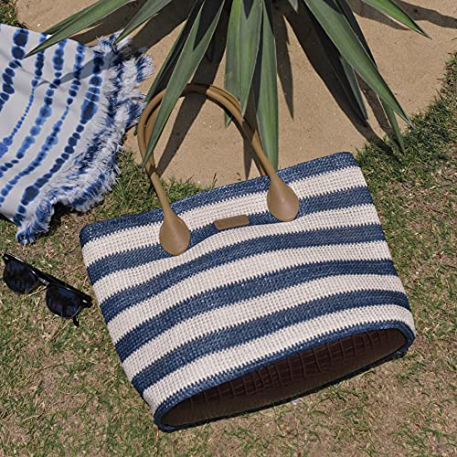 Striped Synthetic Straw Womens Tote Light Weight Vaction Shoulder Handbag (Navy)