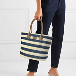 Striped Synthetic Straw Womens Tote Light Weight Vaction Shoulder Handbag (Navy)