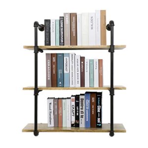 yu yusing 3 tier industrial pipe wall shelf, rustic floating bar shelves, wood and metal bookshelves for bedrooms, bathroom and kitchens shelving