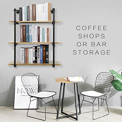 YU YUSING 3 Tier Industrial Pipe Wall Shelf, Rustic Floating Bar Shelves, Wood and Metal Bookshelves for Bedrooms, Bathroom and Kitchens Shelving