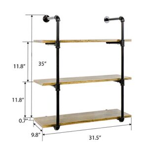 YU YUSING 3 Tier Industrial Pipe Wall Shelf, Rustic Floating Bar Shelves, Wood and Metal Bookshelves for Bedrooms, Bathroom and Kitchens Shelving